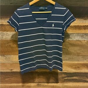 Polo by Ralph Lauren Blue and White Striped V-Neck Shirt
